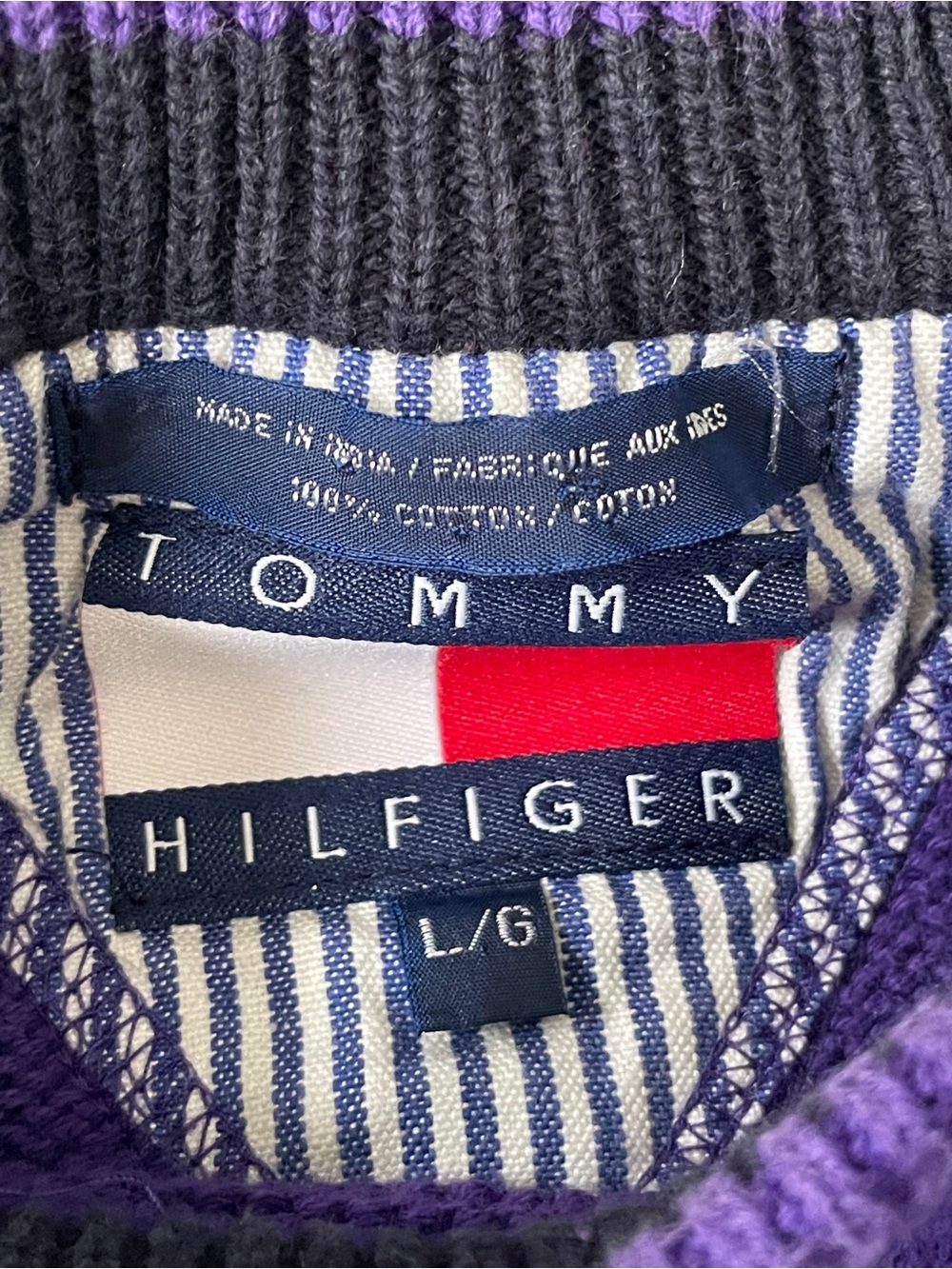 Vintage 90’s Purple Tommy Hilfiger Embroidered Crest Logo Accent Sweater Large - Picture 2 of 7